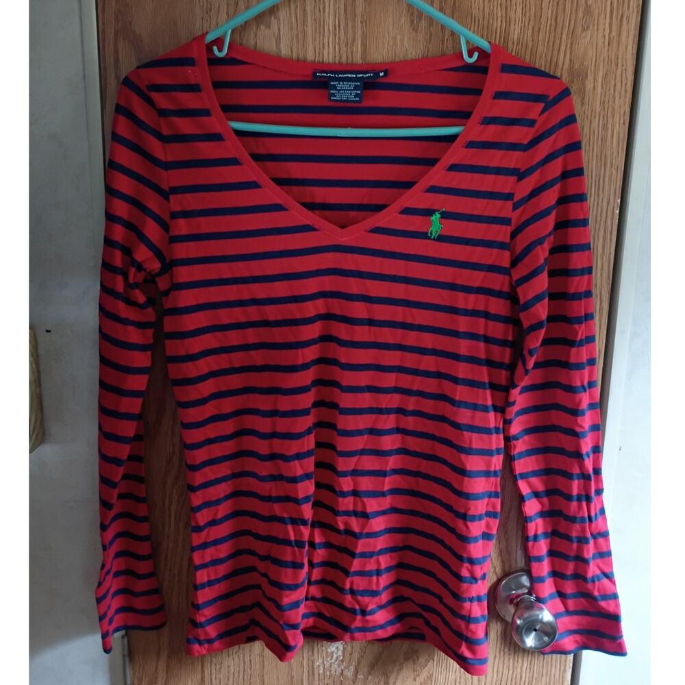 Ralph Lauren Sport Striped V Neck Shirt Medium Navy Red Lime Pony Logo Cotton